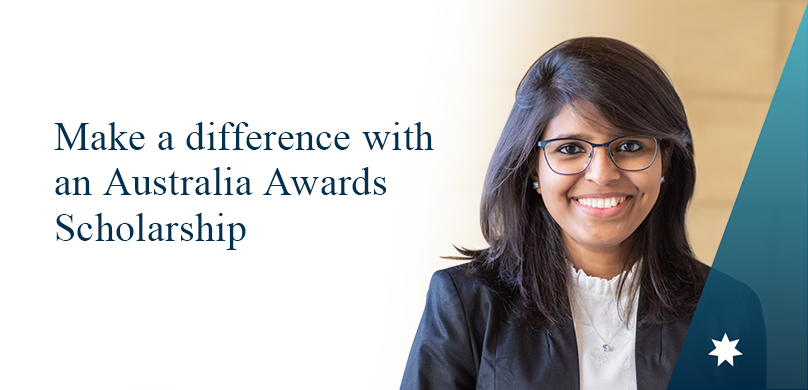 Australia Awards Scholarship application banner featuring an alumna