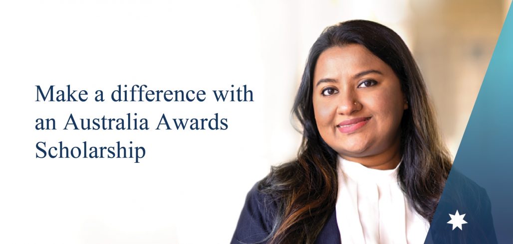 Australia Awards Scholarship application banner featuring an alumna