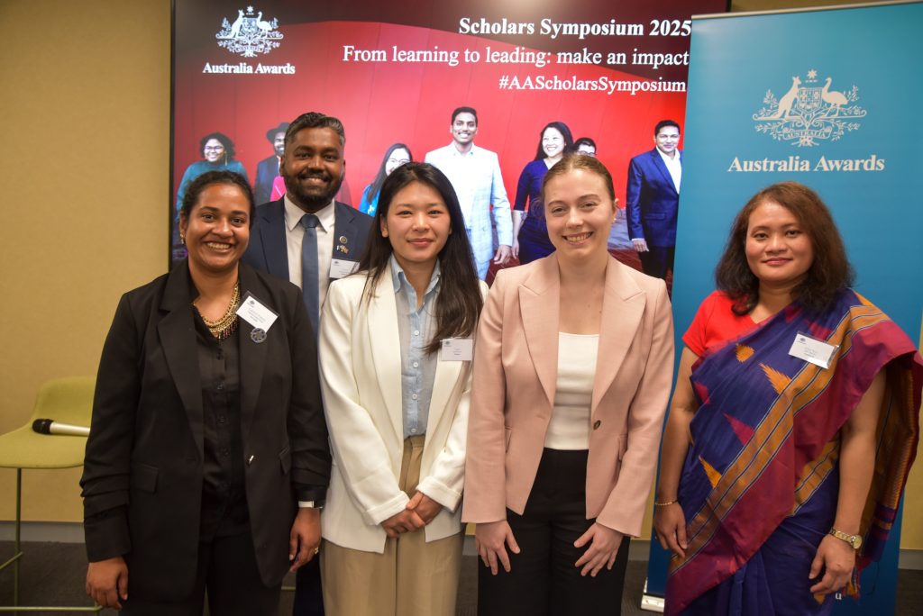 Khin (right) with Senator Charlotte Walker (second from right), Senator for South Australia, alongside scholars from Bhutan, Sri Lanka, and the Maldives at the 2025 Scholars Forum in Adelaide.