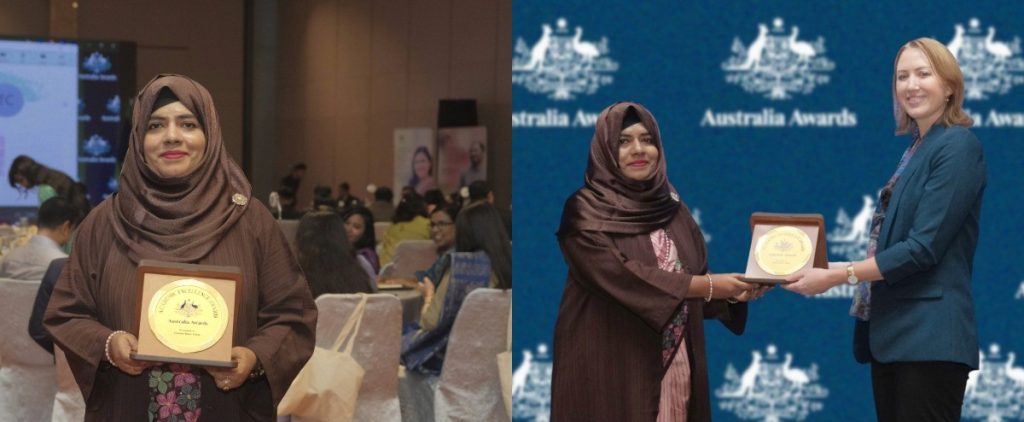Tahsina receiving the Academic Excellence Award from the Australian High Commissioner to Bangladesh, Ms Susan Ryle.