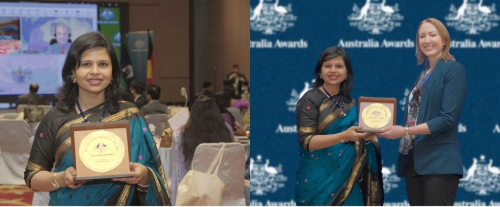 Fatema receiving the Academic Excellence Award from the Australian High Commissioner to Bangladesh, Ms Susan Ryle (right).