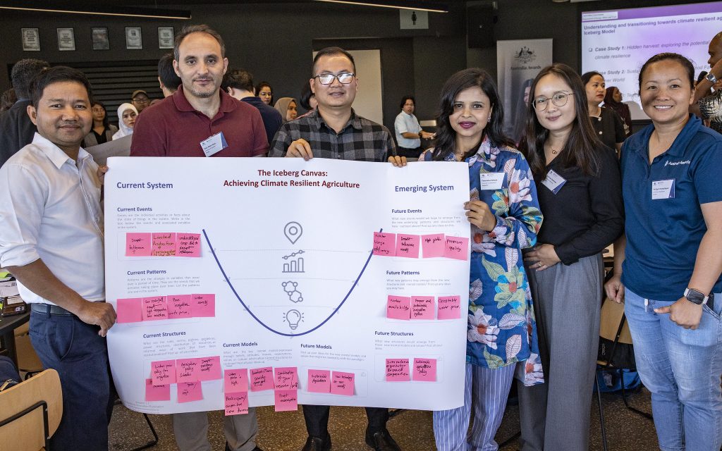 Fatema (third from right) presenting a group poster with other scholars as the 2024 Australia Awards Climate Resilient Agriculture thematic event.