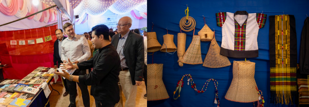 Pallab showcasing indigenous language and cultural initiatives at the Australia Awards Alumni Grant–supported Diversity Festival in Rangamati, attended by Clinton Pobke (in white shirt, left image), Deputy Head of Mission at the Australian High Commission in Bangladesh.