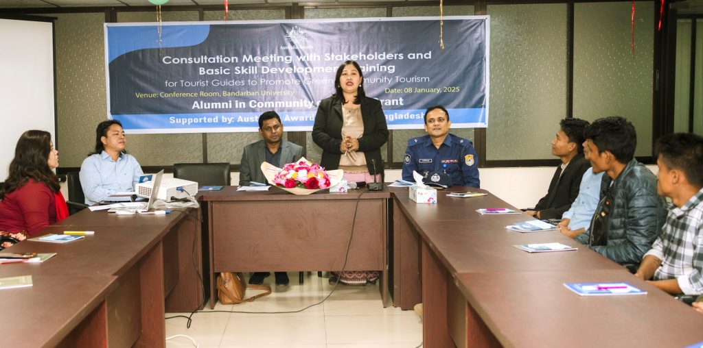 Shaing facilitating a stakeholder consultation meeting and delivering basic skills development training for tour guides through her Community of Action Grant project, promoting greener and more sustainable community-based tourism in Bandarban.